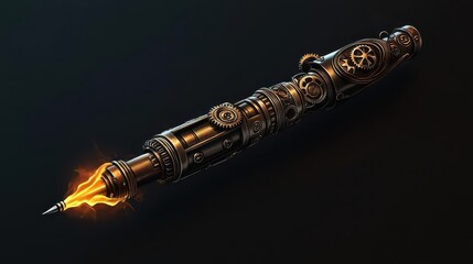 Fototapeta premium A mechanical pen with gears exposed, emitting flames from its tip, Steampunk, Dark tones, Illustration, Intricate details