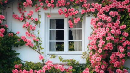 A close-up of a white house exterior with pink flowers covering it, capturing a peaceful and inviting atmosphere