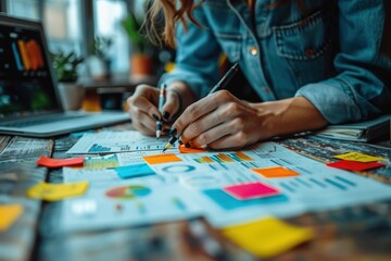 Fototapeta premium A person meticulously sketches graphs and charts on a document while surrounded by colorful post-it notes and a laptop, illustrating a focused and creative work session.