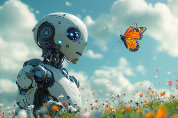 Small robot and vibrant butterfly meeting in a flower-filled meadow under a bright sky, symbolizing technology and nature, copy space