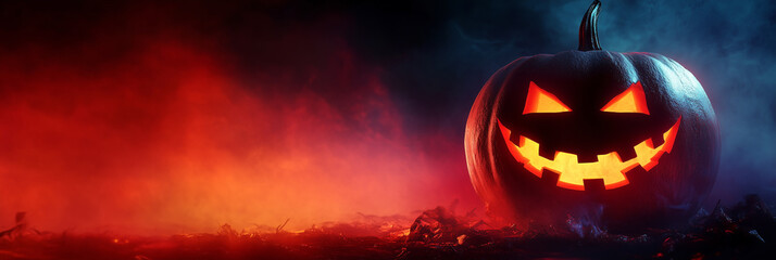 Fototapeta premium Halloween illuminated carved pumpkin, evil scary face in darkness, candle lit at night, background with copy space 