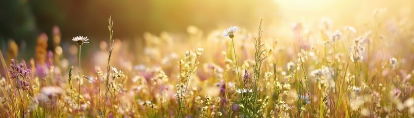 Obraz premium Sunlit wildflower meadow with vibrant blooms basking in morning light, providing a serene and calming natural landscape.
