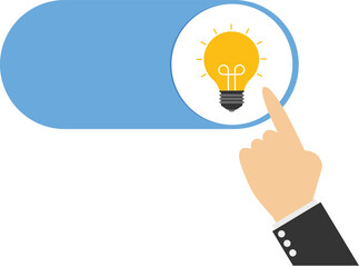 Turn on new idea, solution or innovation to solve problem, enable knowledge or creativity, toggle lightbulb idea invention, unlock or active concept, businessman push toggle switch to turn on idea.

