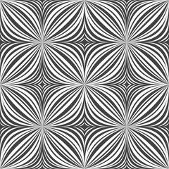 Arced lines form a petal in a square creating a seamless meditative black and white pattern. 