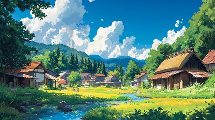 Fototapeta premium Fantasy Anime Postcard: Rural Village with Colorful Illustration, Vibrant Cartoon Fantasy Setting