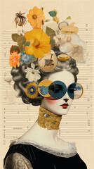 Modernist style collage, A surreal rococo old fashioned 1700s woman wearing sunglasses with vintage clothing is surrounded by flowers, clocks, and other objects in a weird digital art collage