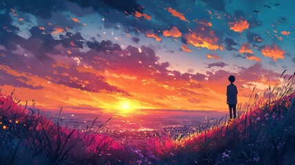 Fantasy Anime Postcard: Sunset Peaceful Bliss, Colorful Illustration of Tranquil Fantasy Setting