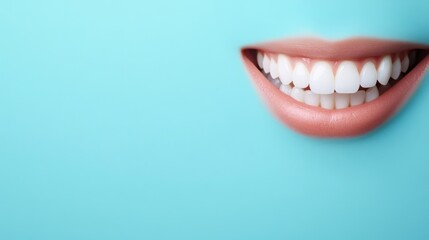 Naklejka premium Close-up of a woman's smile with perfect white teeth against a blue background.