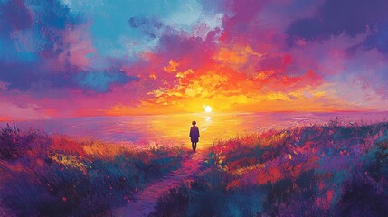 Obraz premium Fantasy Anime Postcard: Sunset Peaceful Bliss, Colorful Illustration of Tranquil Fantasy Setting