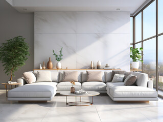 Generous loft luxury living room with bookshelf with pouf