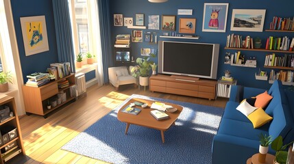 Modern Living Room Interior Design with Blue Walls and Wooden Furniture