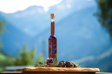 cones, a full glass and a bottle fresh liquor from the swiss stone pine, with the austrian alps the...