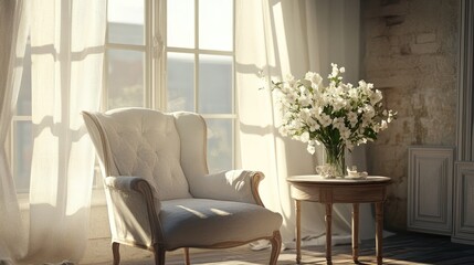 A cozy scene featuring a white chair in front of a large window, with a vase of fresh flowers on a nearby table, bathed in sunlight