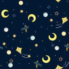 Naklejka premium Children's toys, seamless background. Little airplane, cubes and kites. Yellow stars and crescent, moon and clouds. Watercolor illustration. Children's clipart, pattern isolated on a dark background.