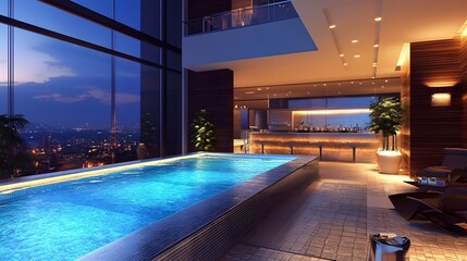 Modern Nighttime Pool with City View