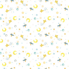 Children's toys, seamless pattern. Little blue airplane, cubes and kites. Yellow stars and crescent, moon and fluffy clouds. Watercolor illustration, in digital. Baby pattern isolated on background