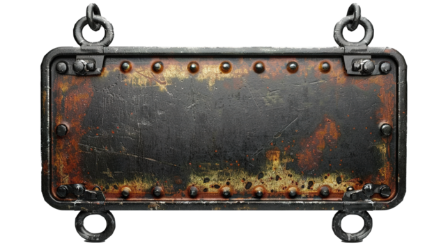 A rusted metal sign with a chain hanging from it