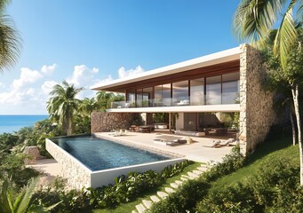 Fototapeta premium Modern Minimalist House with Infinity Pool and Ocean View