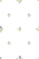 Cute little flowers, seamless pattern. Small cute tulips lilac and violet flowers. Green twigs and leaves. Watercolor illustration in digital style. Baby clipart, pattern isolated on white background.