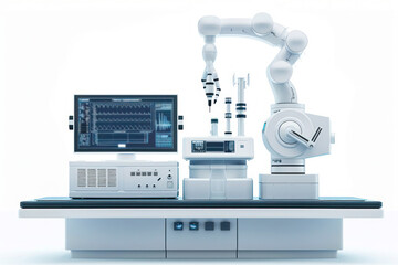 Advanced Robotic Surgery Illustration: 2D Image of Robotic Arm and Control Panel Highlighting Precision in Surgical Technology, Isolated on White Background with High Definition and Clean Lines