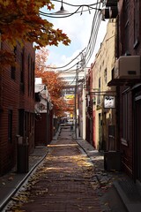 Fototapeta premium Narrow Brick Alleyway With Fall Leaves
