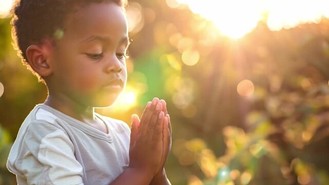 A young child with curly hair prays quietly in a lush garden while golden sunlight filters through the trees.
