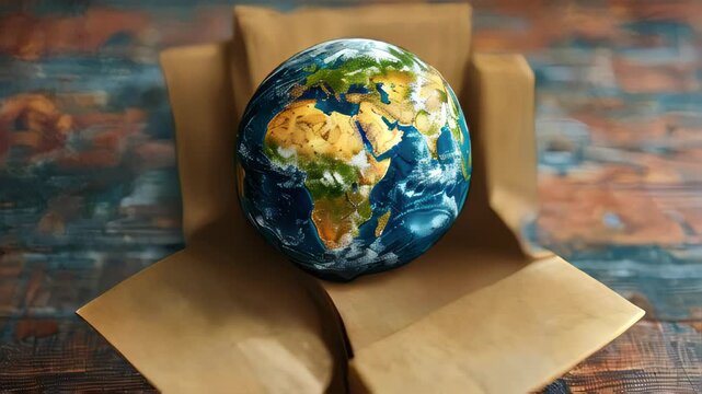 A globe in an open cardboard box on a wooden table, with a blurred library background