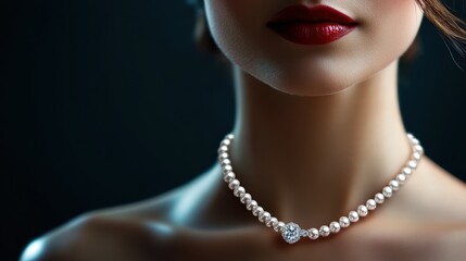 Close up of a woman's neck with red lipstick and a pearl necklace.