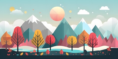 Geometric Autumn Landscape with Mountains and Trees