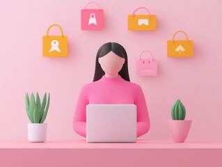 Minimalist Woman Working on Laptop with Shopping Icons in Pink Workspace
