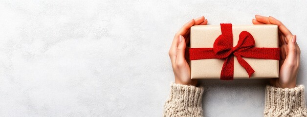 Fototapeta premium Delicate hands presenting a beautifully wrapped gift box with a red ribbon for a heartfelt celebration