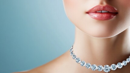Closeup of a woman's neck with a diamond necklace, showing her smooth skin and rosy lips.