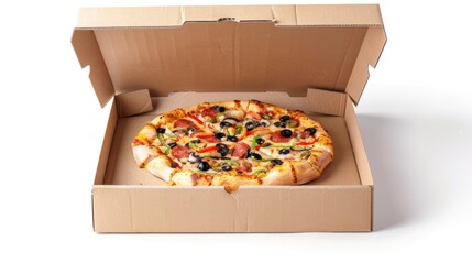 Pizza box, brown cardboard, isolated on white background, full depth of field. 