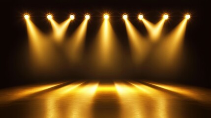 Naklejka premium Illuminated stage lights on empty theater with golden glow