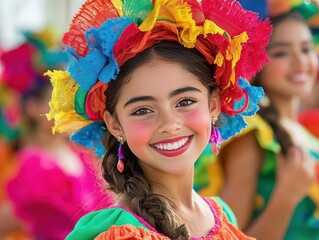 Hispanic dancers performing a traditional dance in colorful costumes, vibrant movements, and joyful expressions, the pride of heritage evident in every step, ample space for text