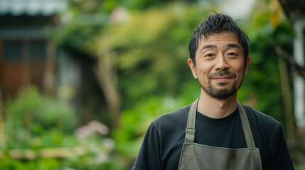 Fototapeta premium A male gardener with a beard stands smiling in his lush, green garden, wearing a black shirt and an apron, reflecting contentment and harmony.