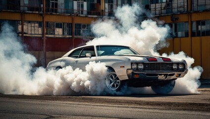 Car exhaust pipe emitting thick smoke, car fire, drifting