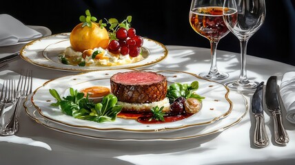 Gourmet dining table, elegantly plated dishes with fine cutlery, luxurious setting, Watercolor style