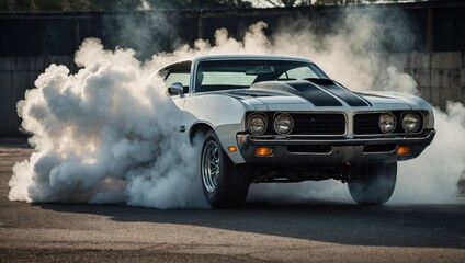 Car exhaust pipe emitting thick smoke, car fire, drifting