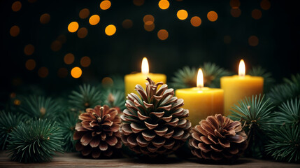 Rustic winter decor with candles and pine cones