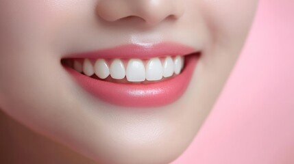 Fototapeta premium Close up of a woman's smile with white teeth and pink lips.