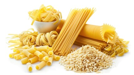 set of uncooked Italian Pasta, isolated on white background, full depth of field