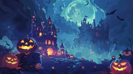 Spooky halloween illustration, pumpkins castle, dark, cartoon style for kids. High quality photo 