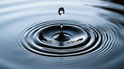 A drop of water just before it impacts a still body of water, with circular ripples beginning to form, all captured in perfect clarity