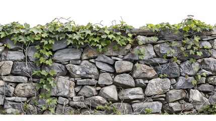 Stone wall covered in vines, cut out. 