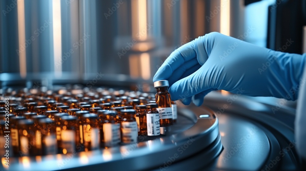 Poster A gloved hand selects a small vial from a rotating platform surrounded by rows of amber-colored containers in a sterile lab environment