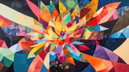 Naklejka premium A dynamic painting with an explosion of colors and geometric shapes, forming an intricate and lively pattern