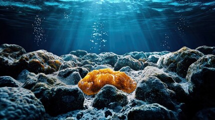 A serene underwater scene featuring vibrant coral and rock formations illuminated by soft sunlight filtering through the water.