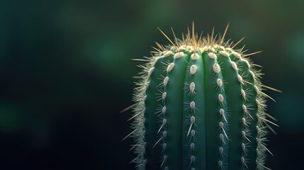 A focused shot of a green cactus, with its white-spotted surface and sharp spines, standing out against a muted background