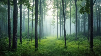 Naklejka premium A foggy morning in a lush green forest, with tree trunks fading into the mist, creating a sense of depth